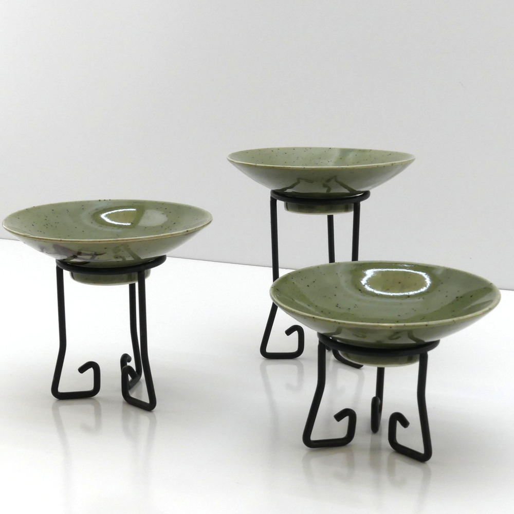 Vintage Dessert Candy Bowls & Wrought Iron Caddy Set of 3 Green Ceramic Decor